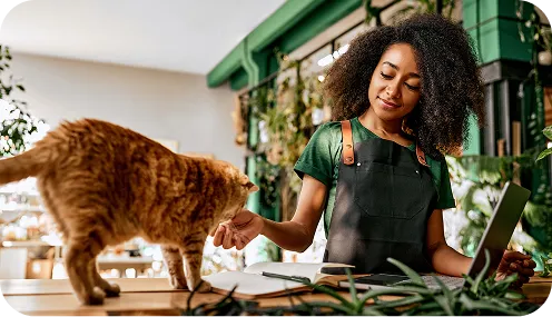 woman petting a cat while working